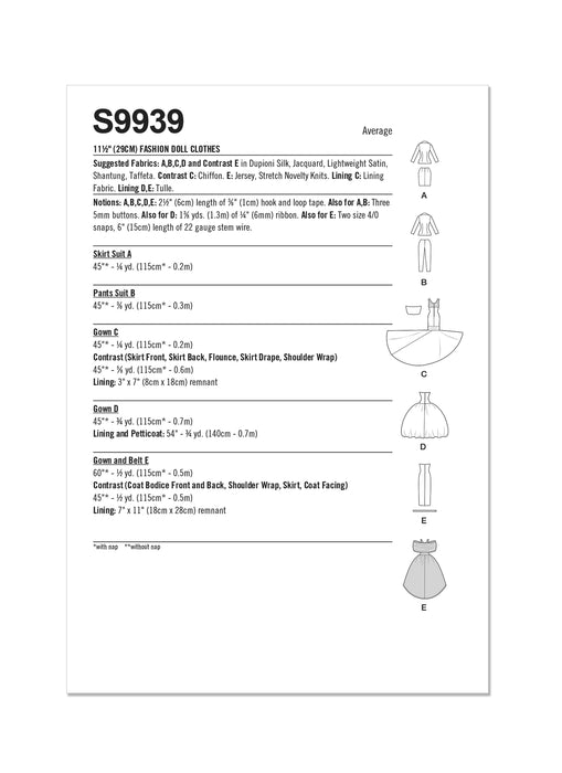 S9939 11 1/2” Fashion Doll Clothes by Andrea Schewe Designs