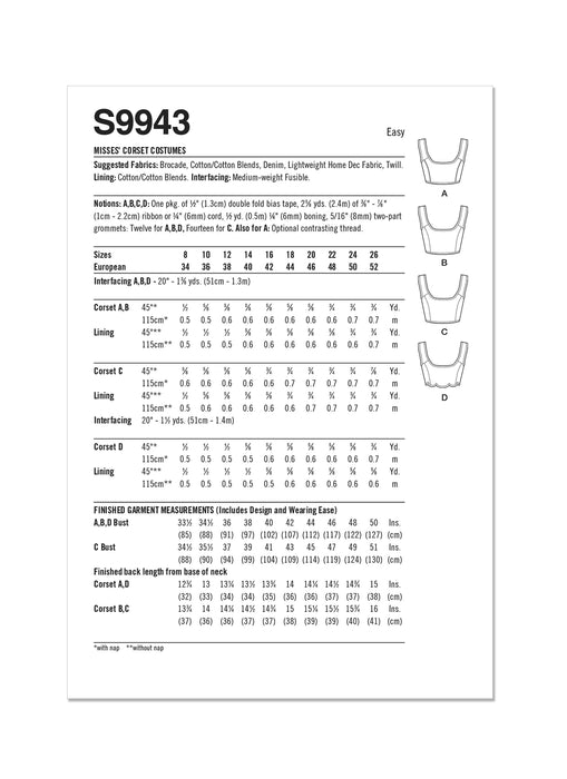 S9943 Misses' Corset Costumes