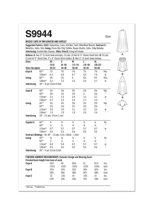 S9944 Misses' Capelet and Cape in Two Lengths by Scissor IMP Workshop