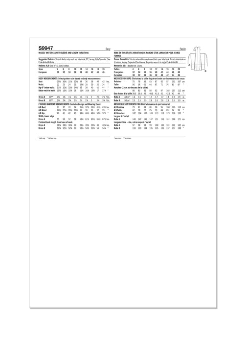 S9947 Misses' Knit Dress with Sleeve and Length Variations