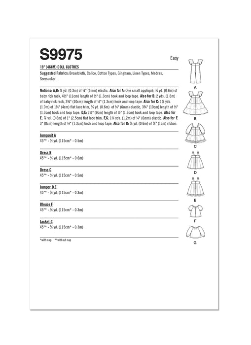 S9975 18" Doll Clothes by Elaine Heigl Designs