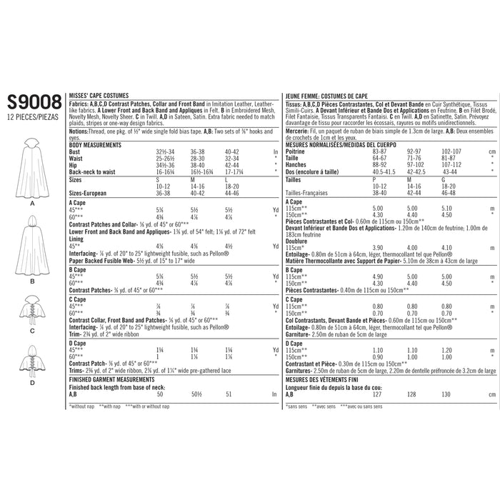 S9008 Misses' Cape with Tie Costumes. Size: S-L (36-46)