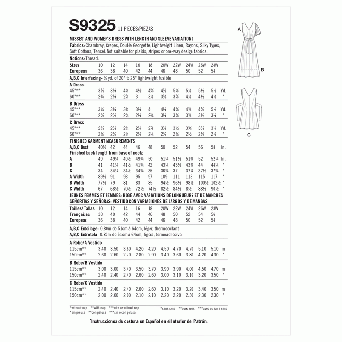 S9325 Misses' and Women's Dress with Length and Sleeve Variations. Size: 36-54