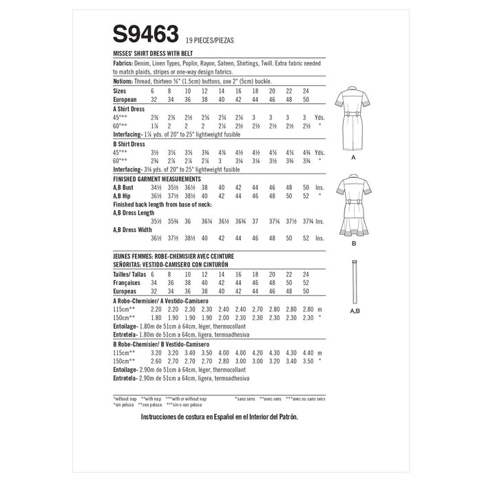 S9463 Misses' Shirt Dress with Belt
