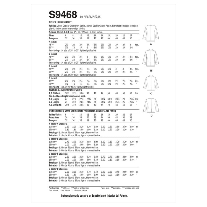 S9468 Misses' Unlined Jacket