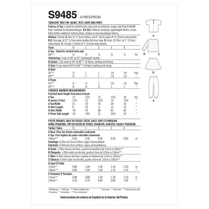 S9485 Toddlers' Knit Top, Jacket, Vest, Skirt and Pants
