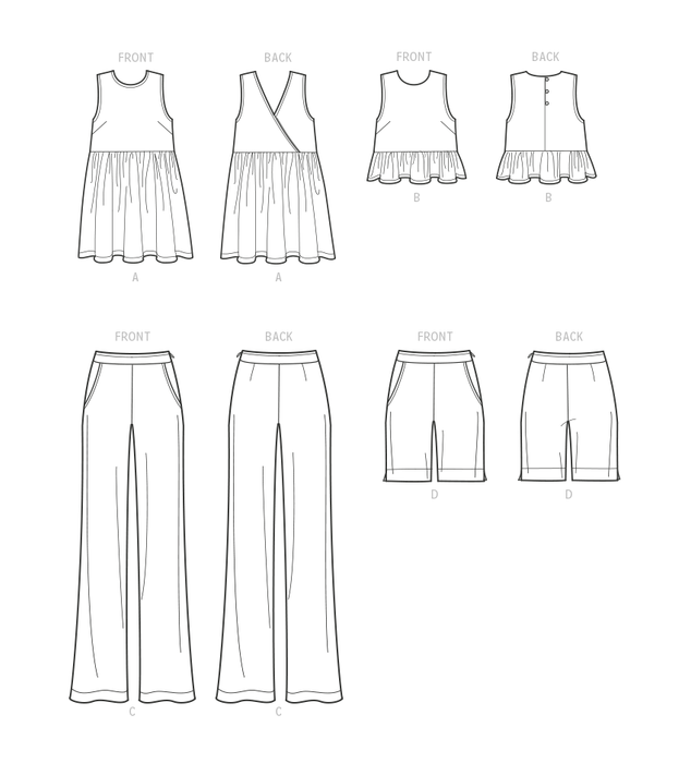 S9611 Misses' Tunic, Cropped Top, Pants and Shorts
