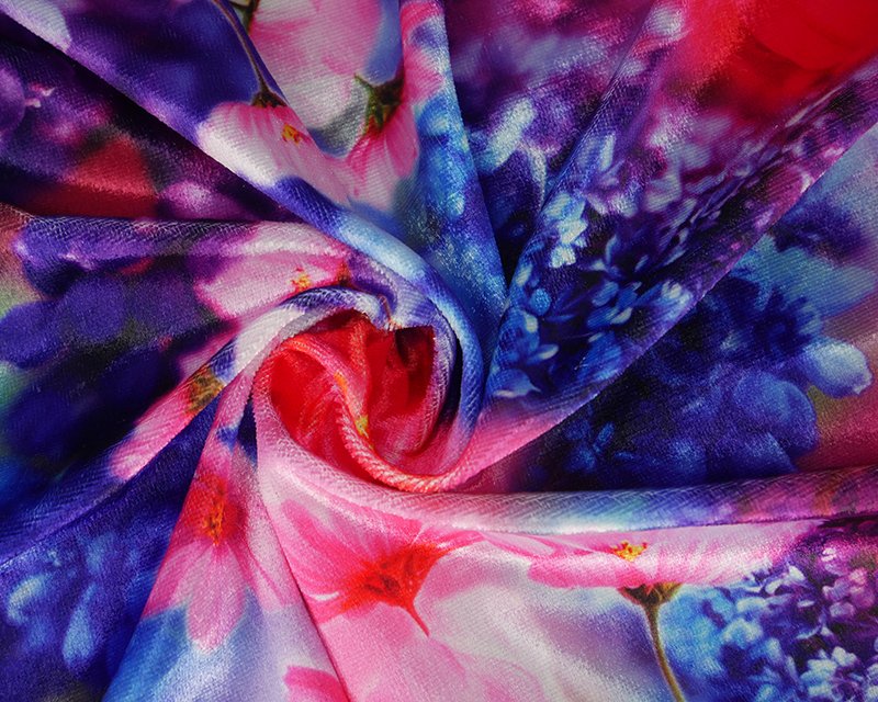 Printed Stretch Floral Velour - CERISE/BLU