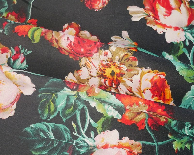Green Leaves Floral Sateen - BLACK