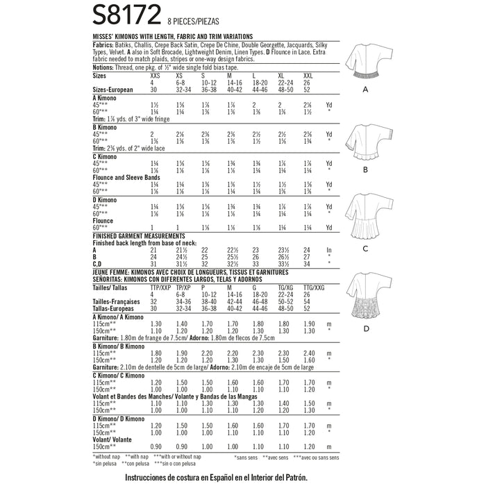 S8172 Misses' Fashion Kimonos with Length, Fabric and Trim Variations. Size: XXS-XXL (30-52)