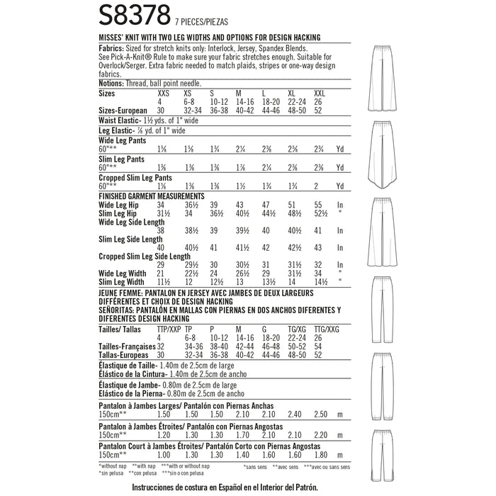S8378 Misses' Knit Pants with Two Leg Widths and Options for Design Hacking. Size: XXS-XXL