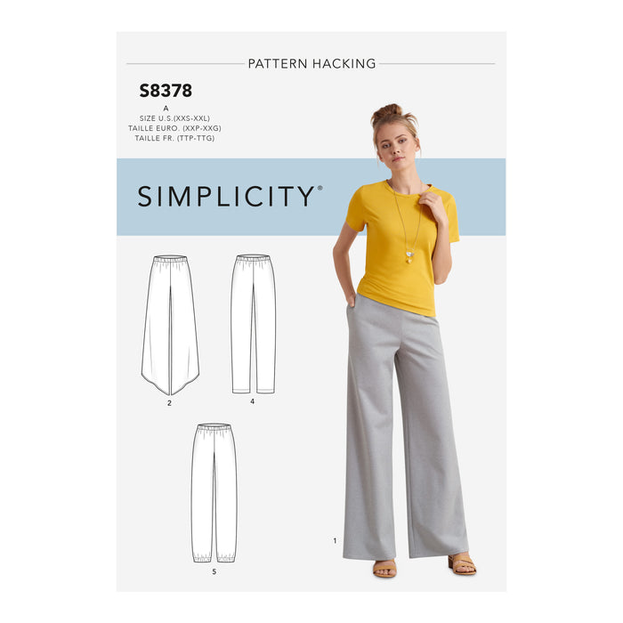 S8378 Misses' Knit Pants with Two Leg Widths and Options for Design Hacking. Size: XXS-XXL