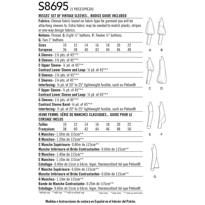 S8695 Misses' Vintage Set of Sleeves. Size: 36-48