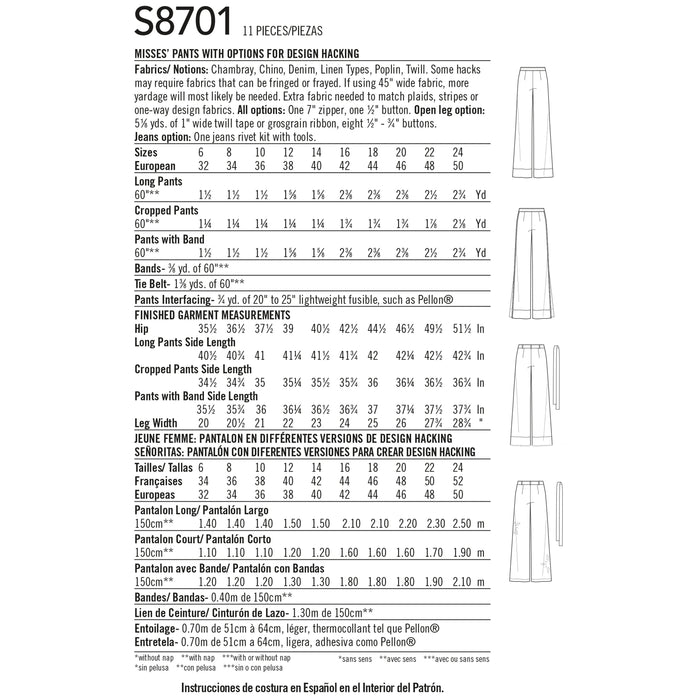 S8701 Misses' Pants with Options for Design Hacking. Size: 32-50