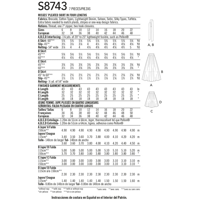 S8743 Misses' Pleated Skirts. Size: 32-48