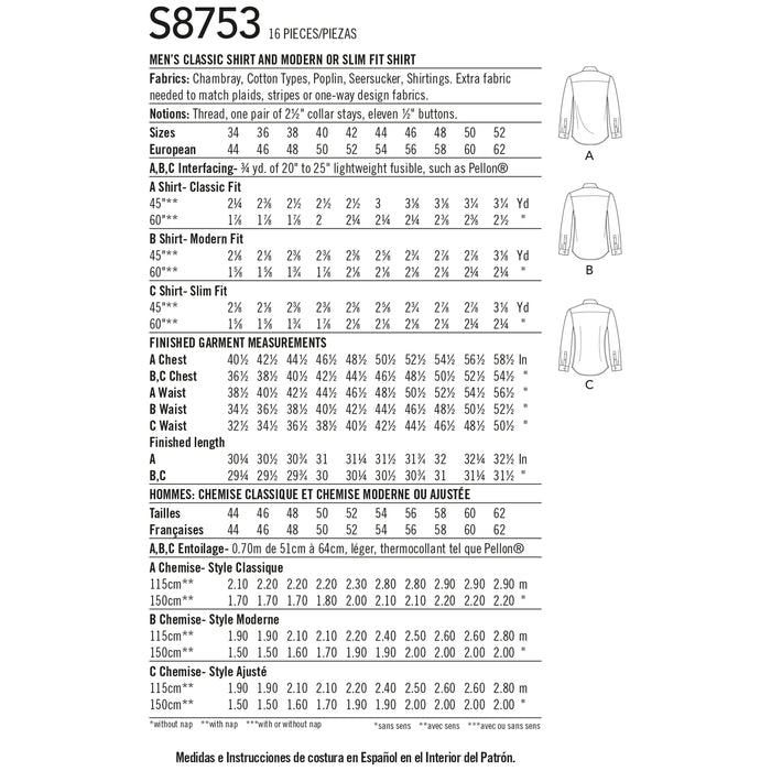 S8753 Men's Classic, Modern and Slim-Fit Shirt. Size: 44-62