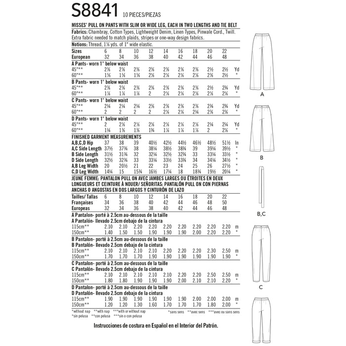 S8841 Misses' Wide or Slim-Leg Pull-On Pants. Size: 32-48