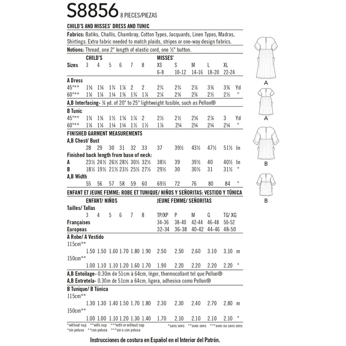 S8856 Children's and Misses' Dress and Tunic. Size: Kid´s 3-8 y / Adults XS-XL (32-50)