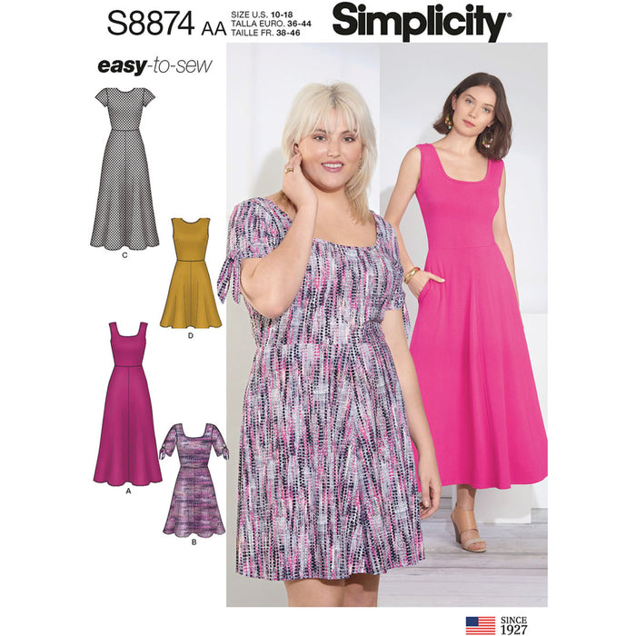 S8874 Misses'/Women's Easy-to-Sew Knit Dress. Size: 36-54