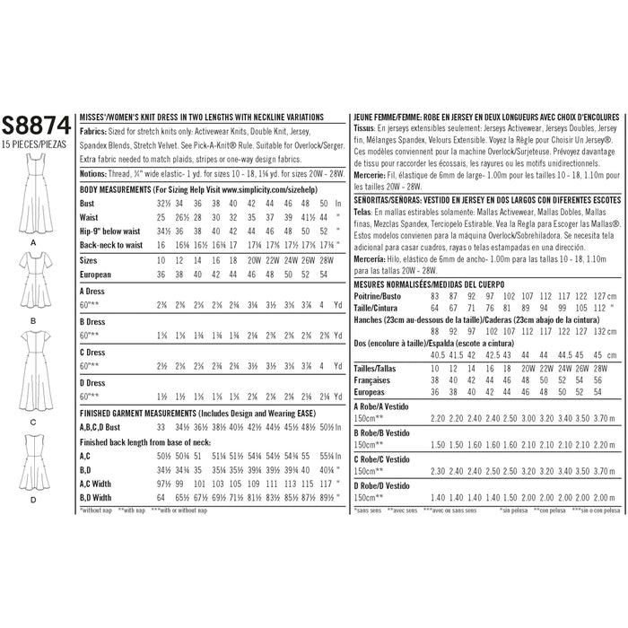 S8874 Misses'/Women's Easy-to-Sew Knit Dress. Size: 36-54