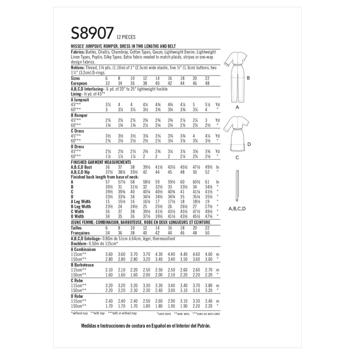 S8907 Misses' Jumpsuit, Romper, Dresses, and Belt. Size: 32-48