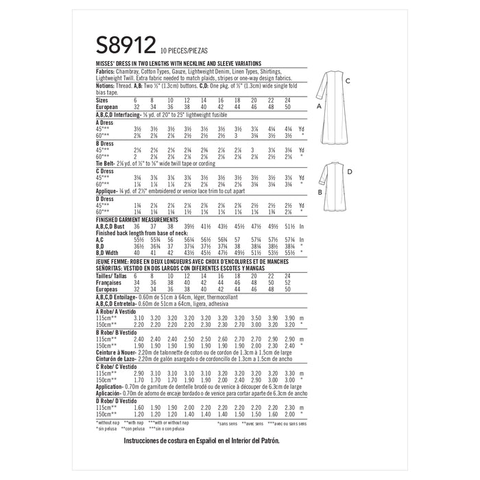 S8912 Misses' Dresses. Size: 32-50