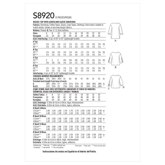 S8920 Misses' Tops. Size: 32-50