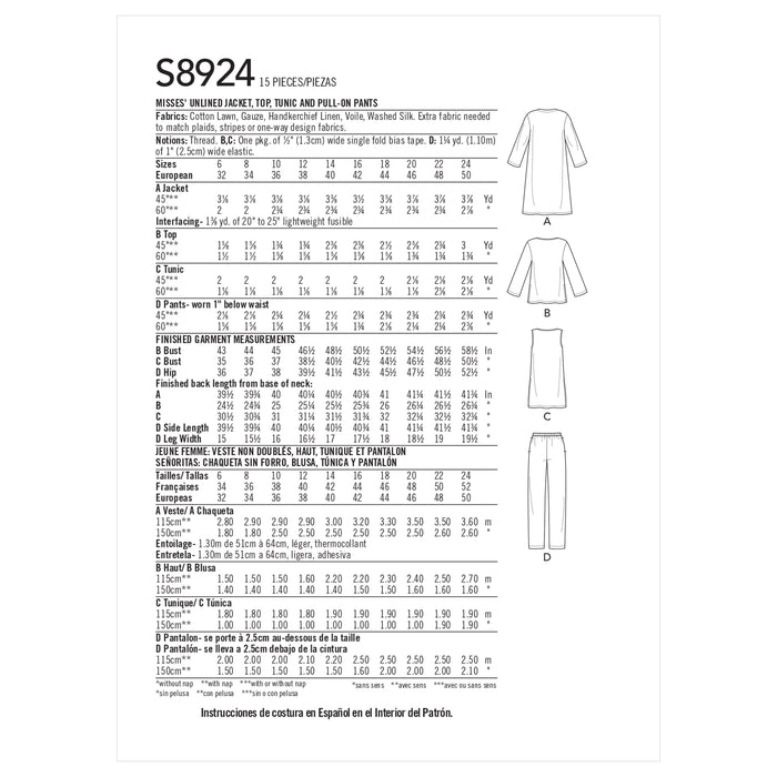 S8924 Misses' Jacket, Top, Tunic, and Pull-On Pants. Size: 32-50