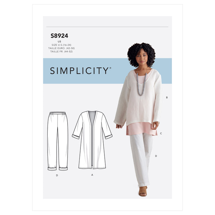 S8924 Misses' Jacket, Top, Tunic, and Pull-On Pants. Size: 32-50