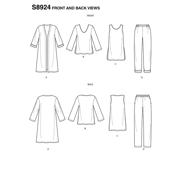 S8924 Misses' Jacket, Top, Tunic, and Pull-On Pants. Size: 32-50