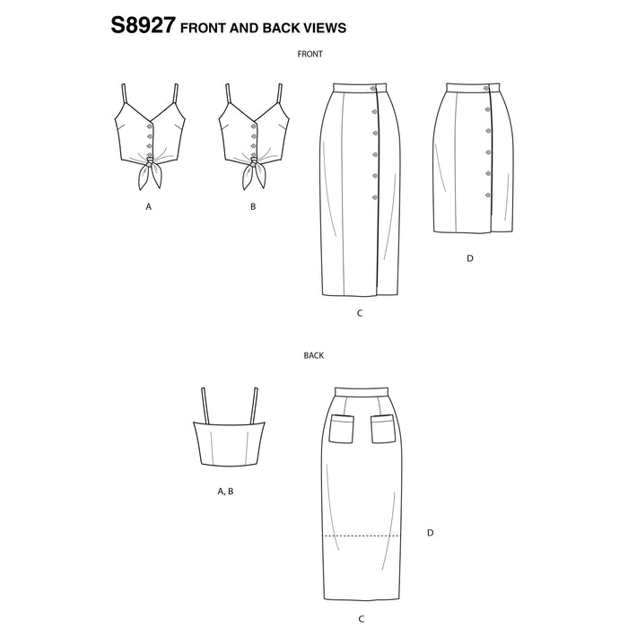 S8927 Misses' Tie Front Tops and Skirts by Mimi G Style. Size: 32-50