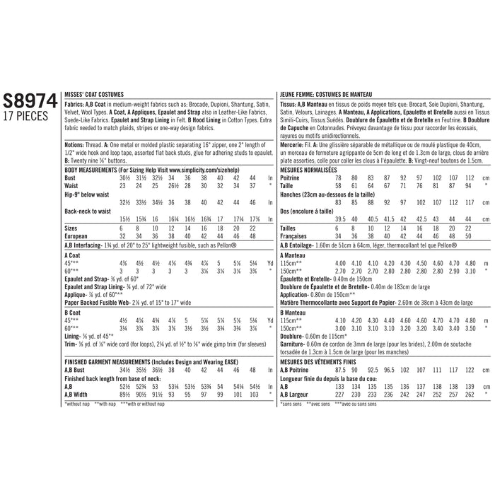S8974 Misses' Cosplay Coat Costume. Size: 32-48