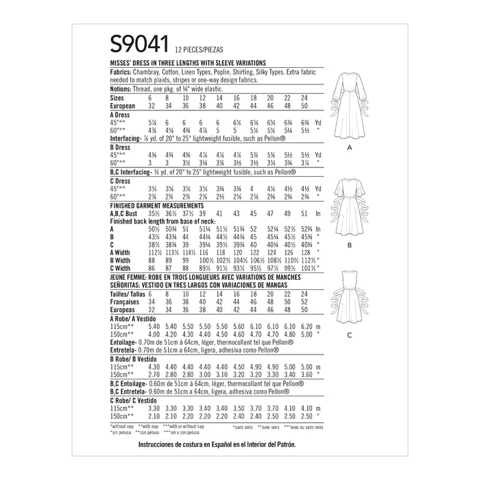 S9041 Misses' Dresses In Three Lengths With Sleeve Variations. Size: 32-50