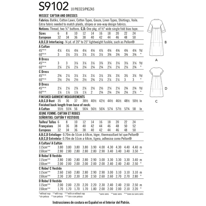 S9102 Misses' Caftan & Dresses. Size: 32-50