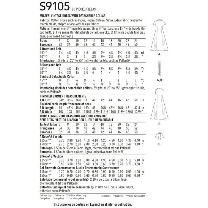S9105 Misses' Vintage Dress With Detachable Collar. Size: 32-50