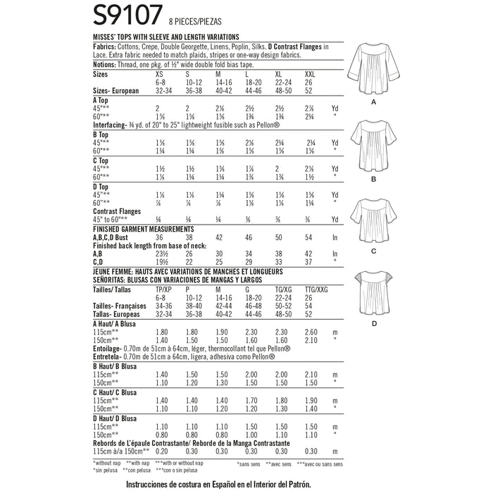 S9107 Misses' Tops With Sleeve & Length Variation. Size: XS-XXL (32-52)