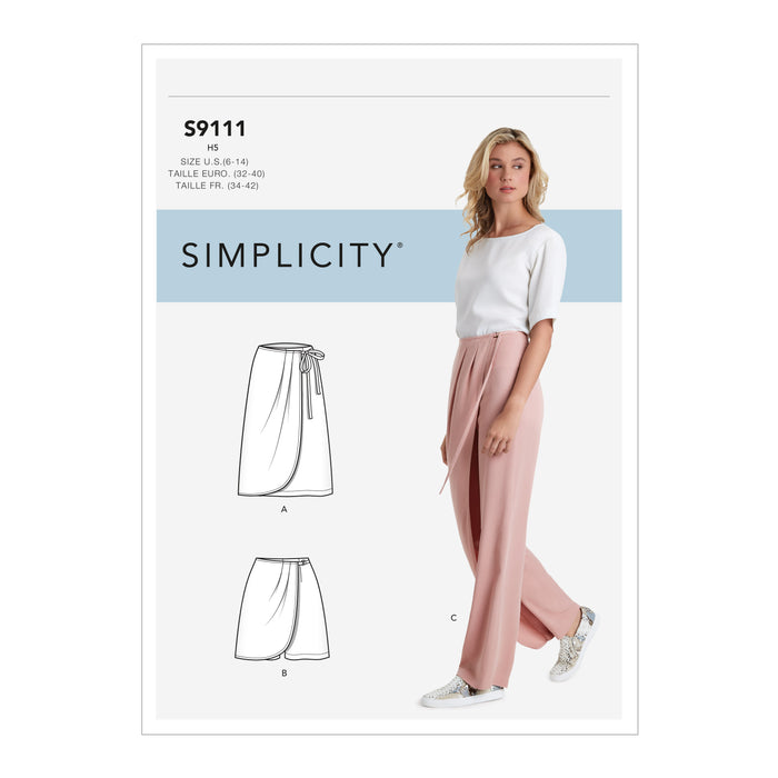 S9111 Misses' Faux Wrap Pants, Skirt & Shorts. Size: 32-50