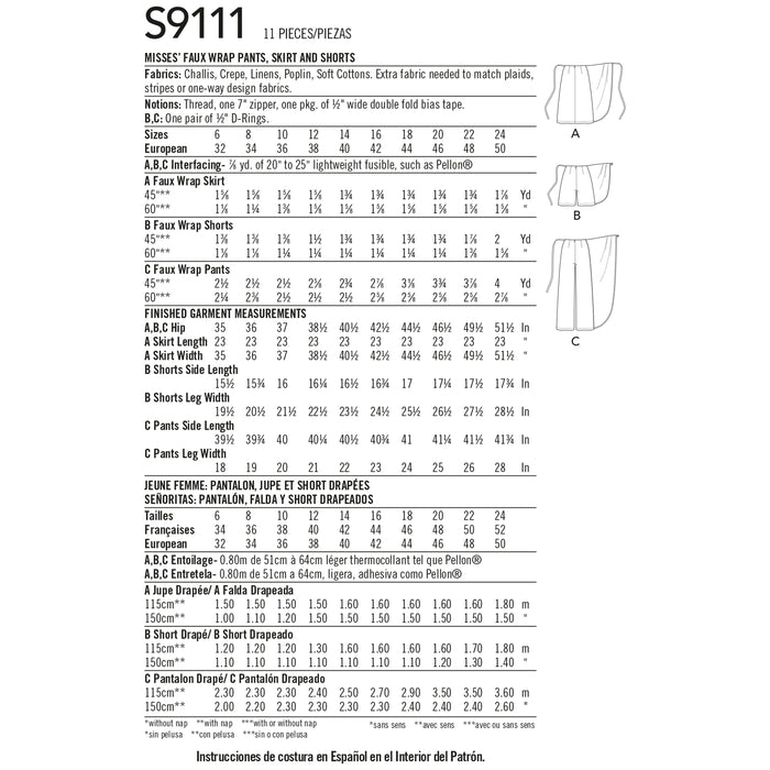 S9111 Misses' Faux Wrap Pants, Skirt & Shorts. Size: 32-50