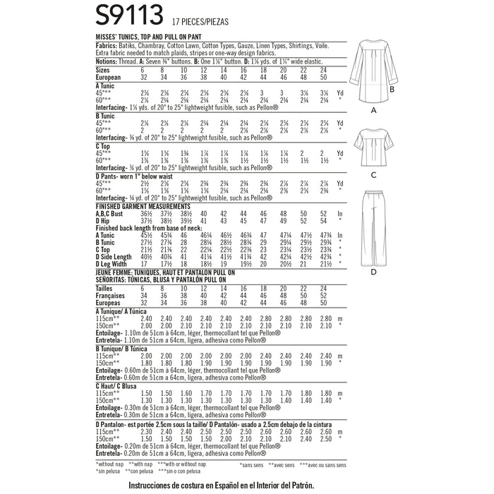 S9113 Misses' Tunic, Top & Pull On Pants. Size: 32-50