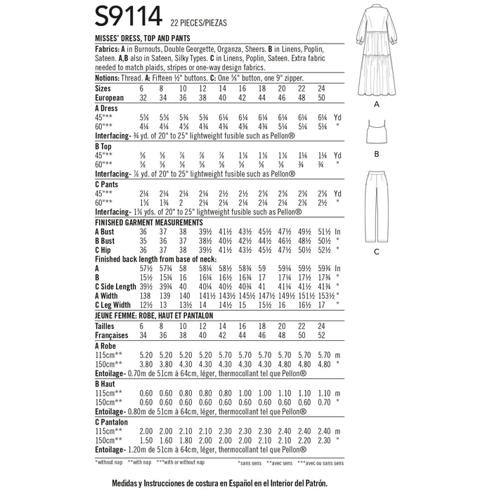 S9114 Misses' Dress, Top & Pants By Mimi G Style. Size: 32-50