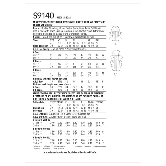 S9140 Misses' Relaxed Pullover Dress. Size: XXS-XXL (30-52)