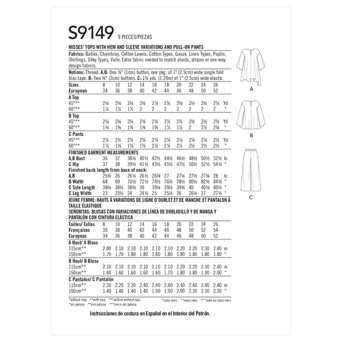 S9149 Misses' Tops & Pants. Size: 34-52