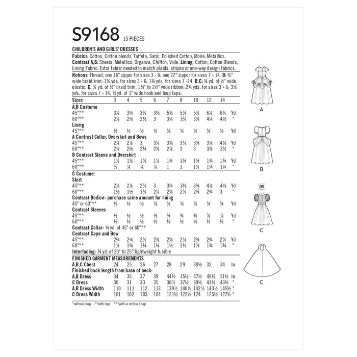 S9168 Children's & Girls' Princess Costumes. Size: 3-14 y