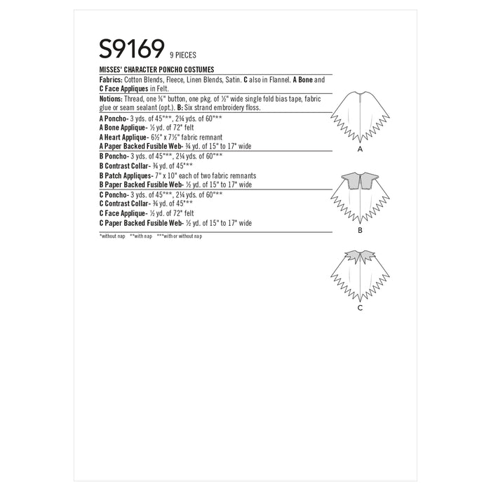 S9169 Misses' Character Poncho Costumes. Size: One Size