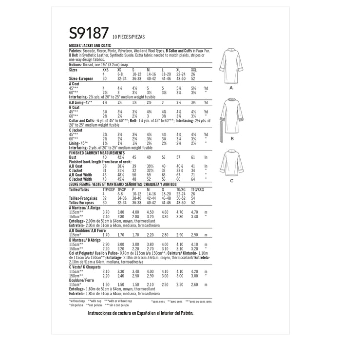 S9187 Misses' Jacket & Coats. Size: XXS-XXL (30-52)