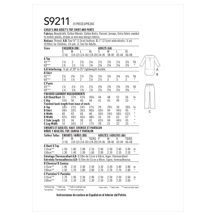 S9211 Adult & children Patch Pocket Top, Nightshirt and Pants. Size: Kid´s S-XL (7-20 y) / Adults S-XL  (34-48)