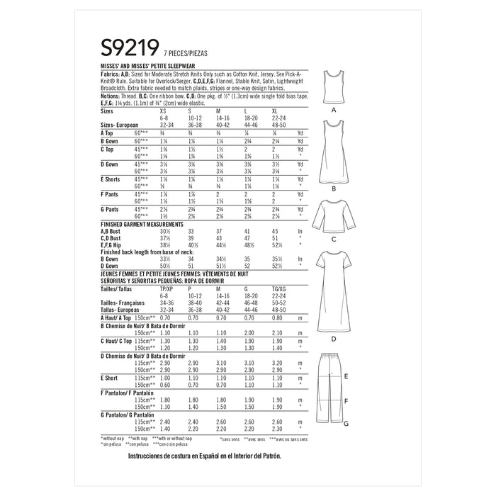 S9219 Misses' & Misses' Petite Sleepwear. Size: XS-XL (32-50)