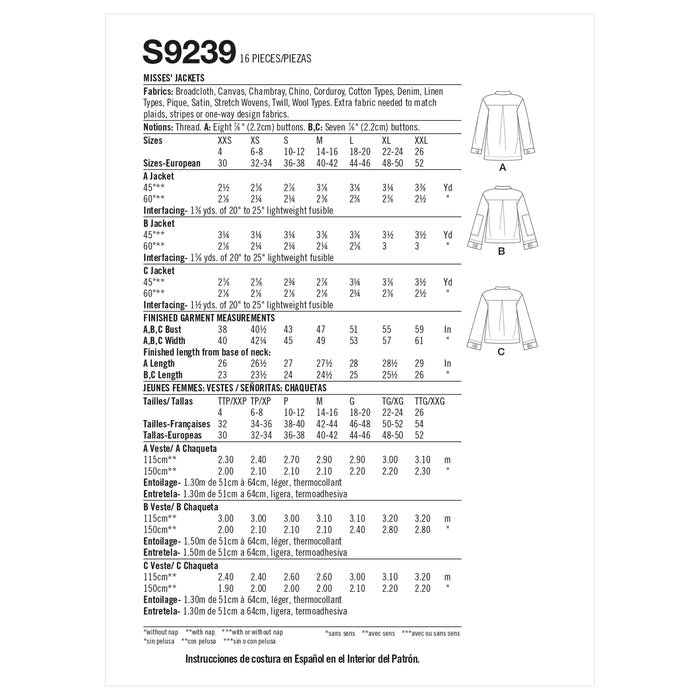 S9239 Misses' Jackets. Size: XXS-XXL (30-52)