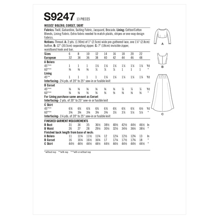 S9247 Misses' Bolero, Corset, Skirt. Size: 32-48