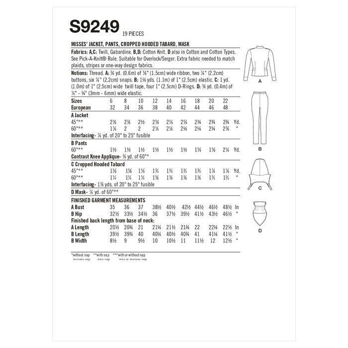 S9249 Misses' Jacket, Pants, Cropped Hooded Tabard, Mask. Size: 32-48
